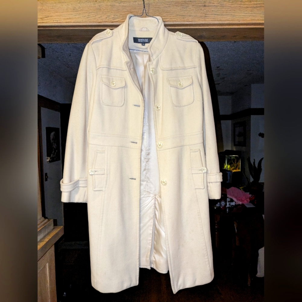Kenneth Cole Reaction WOOL IVory Womens Trench Coat Jacket Size 14